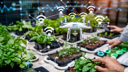 A drone hovers above a table of plants with a network of wireless signals connecting them.