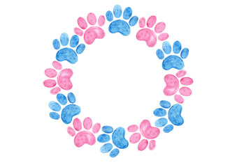 Round frame made of pet paw prints. Pink and blue color. Watercolor. Different shades of colors. White copy space and background. Frame isolated on background. Baby shower