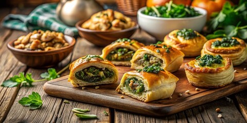 A Tilt-Shift Perspective of Delicious Spinach, Minced Meat, and Cheese Pastry Baked to Perfection in a Cozy Kitchen Setting