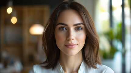 Fototapeta premium confident woman in her early 30s is captured in bright, modern setting, showcasing her natural beauty and poise. warm lighting enhances her features, creating inviting atmosphere