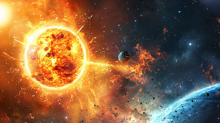 A fiery red sun erupts, spewing flames and energy towards a distant blue planet, leaving a trail of debris in its wake.