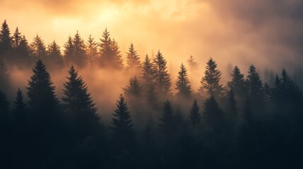 Naklejka premium A misty forest at dawn with silhouettes of evergreen tree against a golden sky.