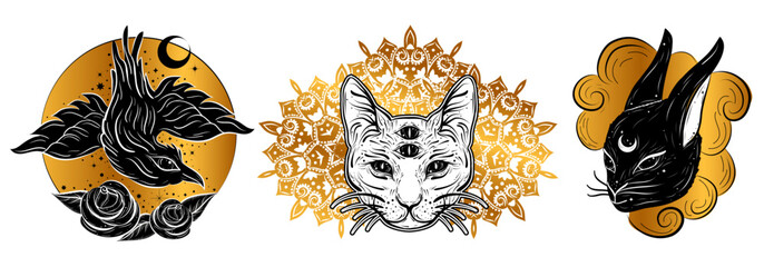 Vector Witch Familiars set of Golden Stickers. Hand drawn, doodle, sketch magician collection. Witchcraft symbols. Perfect for tattoo, textile, cards, mystery design