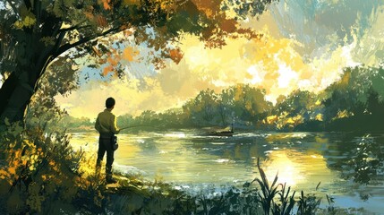 Fototapeta premium Person Fishing by a Forested Riverbank in Midday Light