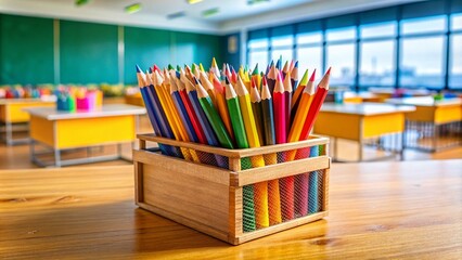 A Vibrant Collection of School Accessories in a Pencil Box: Colorful Pencils, Erasers, and Markers Perfect for Back-to-School Season and Creative Learning Environments