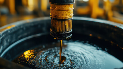 Fototapeta premium Close up shot of crude oil being poured into barrel, showcasing texture and flow