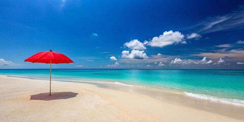 Fototapeta premium A Vibrant Red Umbrella on a Serene Beach with Crystal Blue Waters, Inviting Relaxation and Blissful Moments in a Perfect Coastal Escape