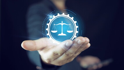 Futuristic Business Team Analyzing Luminous Law Documents and Digital Networks for Tech-Driven Legal Solutions.Legal Documents concept.