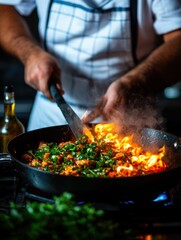 Chef Skillfully Prepares a Flavorful Dish While Igniting Flames in the Kitchen
