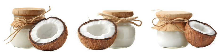 Coconut and coconut oil in a glass bottle on a white or transparent background.
