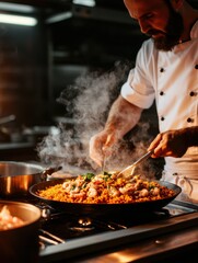 Chef Skillfully Prepares Flavorful Paella While Creating an Inviting Atmosphere in the Kitchen