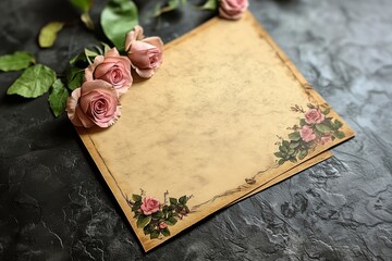 A rustic vintage invitation card decorated with soft pink roses and green leaves, set on a textured beige background with a blank center for customizable text, ideal for weddings or events