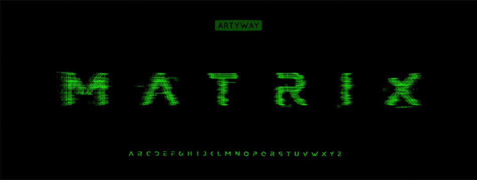 Cyber glitch alphabet, matrix effect letters, binary code pixelated font for retrofuturism logo, cyberpunk headlines, Y2K arcade title, data cyber security typography. Vector typeset.
