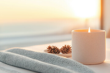 Cozy winter festive postcard background with candle, pinecones, and soft texture