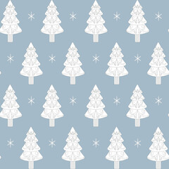 Seamless Christmas tree pattern with snowflakes. Christmas, new year design in white color designed trees on a sky blue background. vector illustration