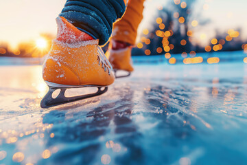 Joyful skater gliding on ice at a winter festival during golden hour magic, postcard background or desktop wallpaper
