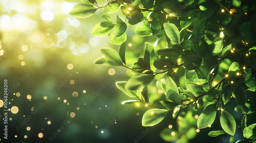 Poster a close-up view of green leaves glistening with sunlight and soft bokeh effects, creating a fresh an