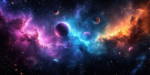 Vibrant Cosmic Scene with Colorful Planets and Nebulae
