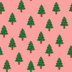 Seamless Christmas tree pattern. Christmas, new year design in decorated green color trees on a pastel pink background. vector illustration