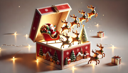 Generative AI, This magical design celebrates the wonder of Christmas, with Santa&rsquo;s sleigh and six tiny reindeer emerging from a glowing box. It brings holiday cheer and charm to life