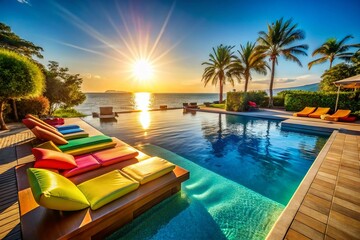 Beautiful Hotel Poolside Scene with Sunlight, Inflatable Family-Friendly Relaxation Areas, and Stylish Sofas Overlooking the Outdoor Beach Setting, Perfect for Summer Leisure and Refreshment