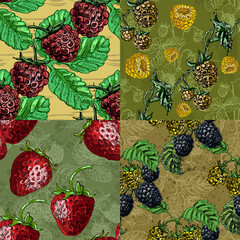 Seamless Pattern with strawberries and raspberries. Color sketch style hand drawn background. Detailed illustration, hand drawn. Great for fabric and textile, prints, invitation, packaging