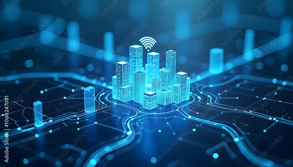 Poster digital cityscape with network connections symbolizing digital infrastructure.