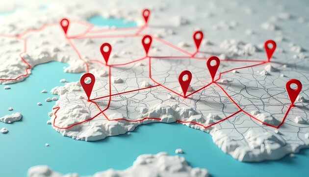 3d map with red location pins and network lines illustrating gis mapping and spatial data connections.