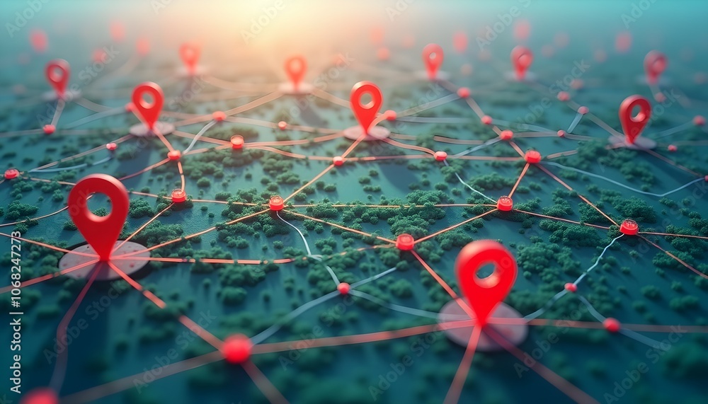 Poster network of location pins over a landscape, symbolizing global connectivity and geolocation.