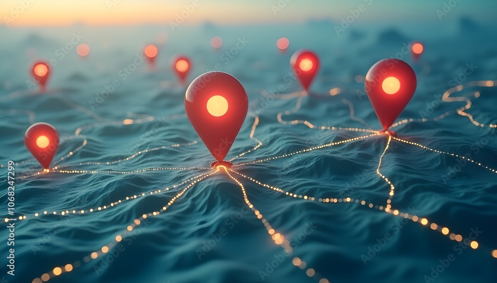 Poster red location pins on a digital landscape symbolize geolocation and connectivity.