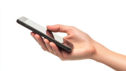 hand holding smartphone against white background, showcasing modern technology and communication. This captures essence of connectivity and convenience in daily life