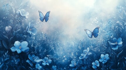 Fototapeta premium Sky blue and silver background with blue flowers and silver butterflies, featuring watercolor texture and shine, creating a serene and elegant artistic design with a touch of nature.