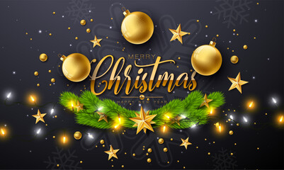 Naklejka premium Merry Christmas and Happy New Year Illustration with Gold Glass Ball, Light Garland, Pine Branch and Typography Letter on Black Background. Vector Holiday Season Banner Design for Greeting Card, Party