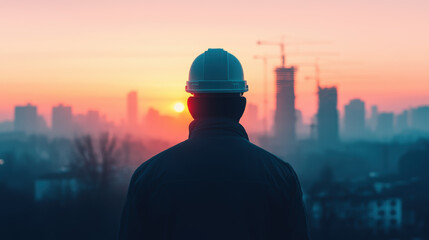 A worker in a safety helmet gazes at a vibrant sunset over a city skyline, symbolizing progress and future construction developments.