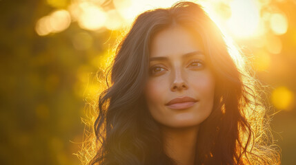 Fototapeta premium Gorgeous woman with long, wavy hair illuminated by warm sunlight, exuding serene and confident expression in natural outdoor setting