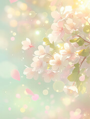 A delicate arrangement of cherry blossoms is depicted with soft pastel colors and sparkling light effects, creating a dreamy and serene atmosphere for floral art and decoration.