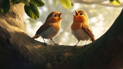 Fototapeta premium Melodious Birds: A Super-Realistic Macro Children's Illustration