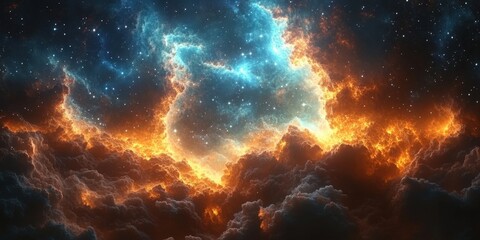 Fototapeta premium Dramatic Cosmic Scene with Fiery Clouds and Stars
