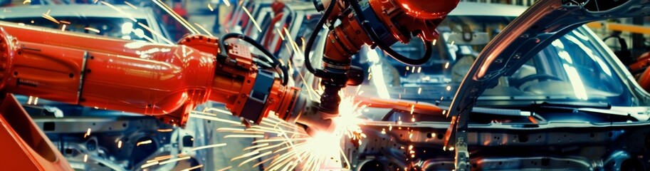 A modern car manufacturing factory employs automated robotic arm welding for efficient production. It utilizes precision engineering and advanced technology for hightech automation