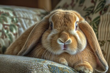 A close-up of a fluffy, light brown rabbit with long ears, resting comfortably on a couch.