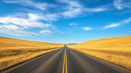Fototapeta premium A winding road stretches through golden fields under a vast blue sky in the countryside during a sunny day