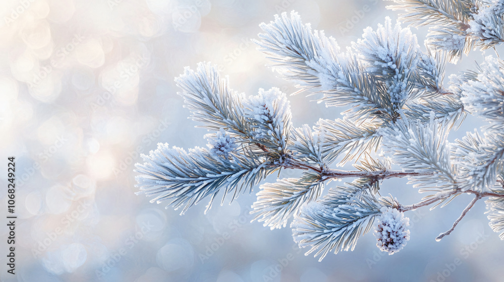 Poster close-up of frosted pine branches with snowflakes glistening in the soft background light, creating 