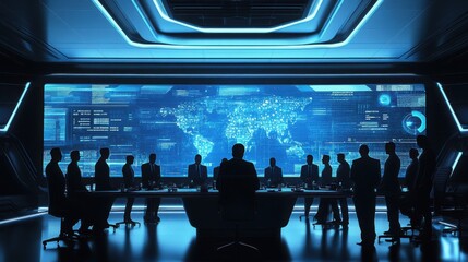 Realistic 3D scene of a team in a strategic meeting, with a large digital display showing goal achievements, timelines, and targets, representing a focused business mindset