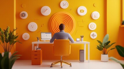 High-resolution 3D scene of an entrepreneur in a minimalist workspace, surrounded by visual goals, target graphics, and motivational icons for a focused business mindset