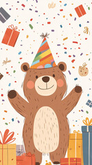 Obraz premium Happy Birthday Bear with Gifts and Confetti