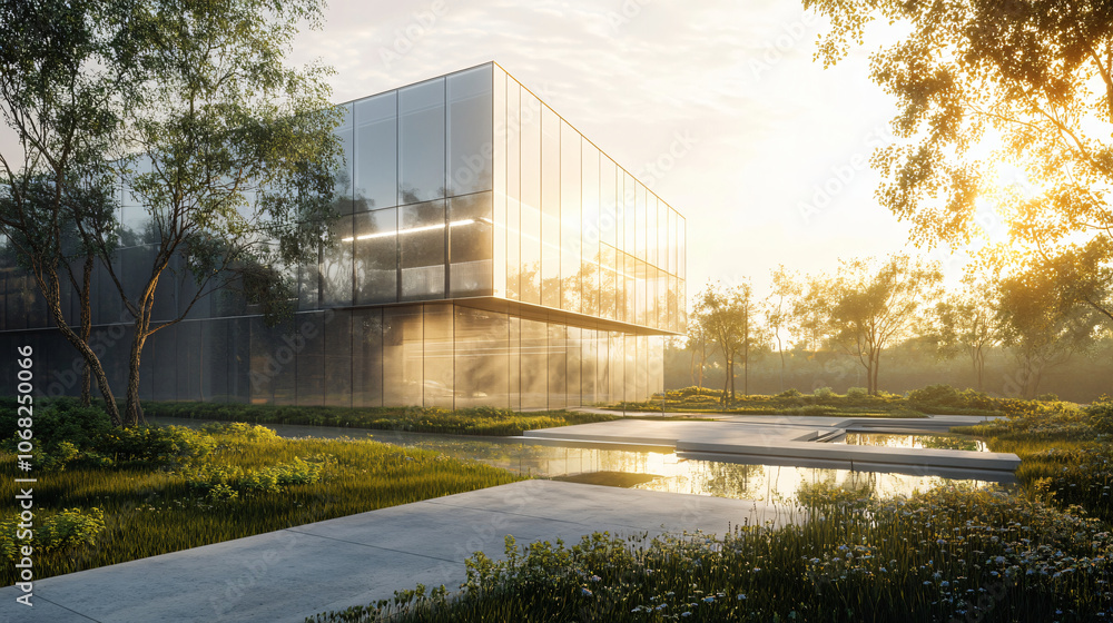 Poster a modern glass building is surrounded by lush greenery and a reflective pond, with sunlight filterin