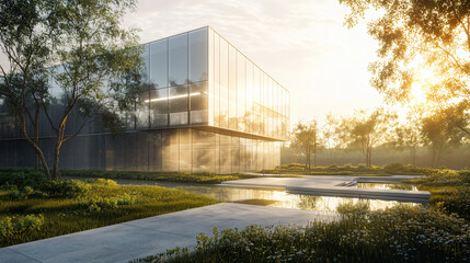 A modern glass building is surrounded by lush greenery and a reflective pond, with sunlight filtering through the trees, creating a serene architectural scene for architecture industry.