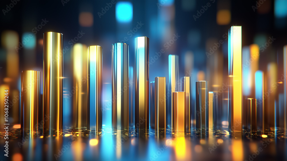 Poster metallic bars reflect brilliant lights, creating an abstract display of colors and shapes in a conte