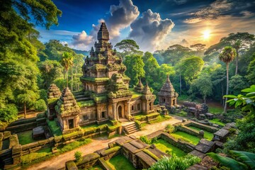 Breathtaking 8K Panorama of an Ancient Temple Surrounded by Lush Jungle and Clear Skies, Perfectly Captured with Right Positioning and Ample Copy Space for Text Overlay