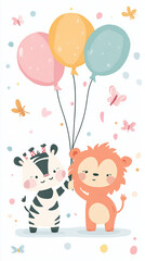 Cute Zebra and Lion Holding Balloons - Cartoon Animal Illustration